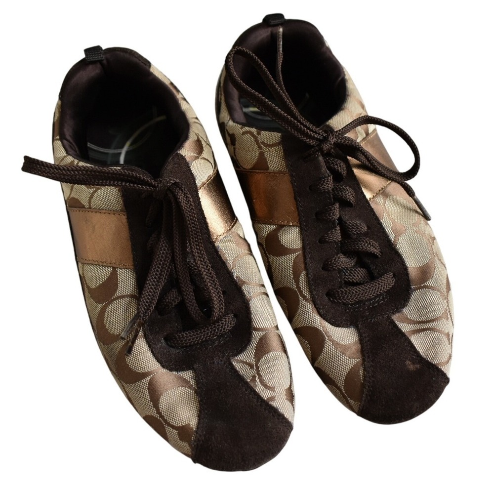 Coach Hadley Signature Canvas Brown Tan Gold‎ Trim Lace Up Sneakers Shoes 8M